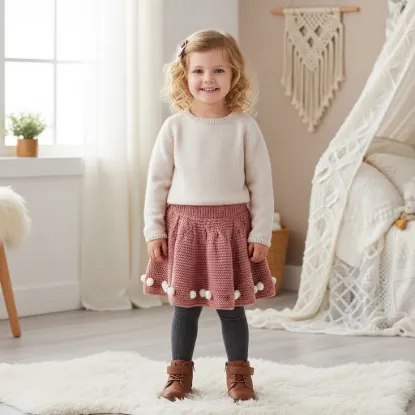 Ponponlu El Örgüsü Görünümlü Çocuk Triko Etek